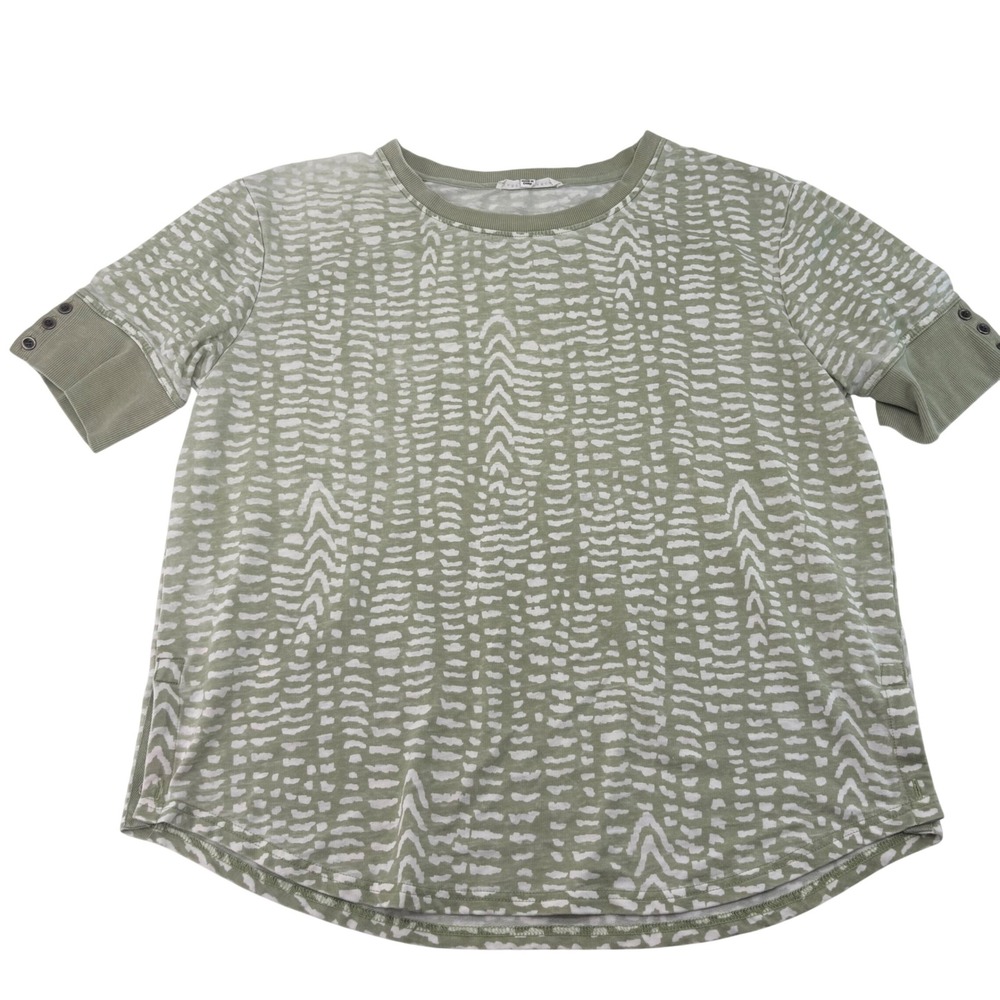 Jane + Delancey Sage Green Abstract Dash Short Sleeve Top XL Ribbed Button Cuff